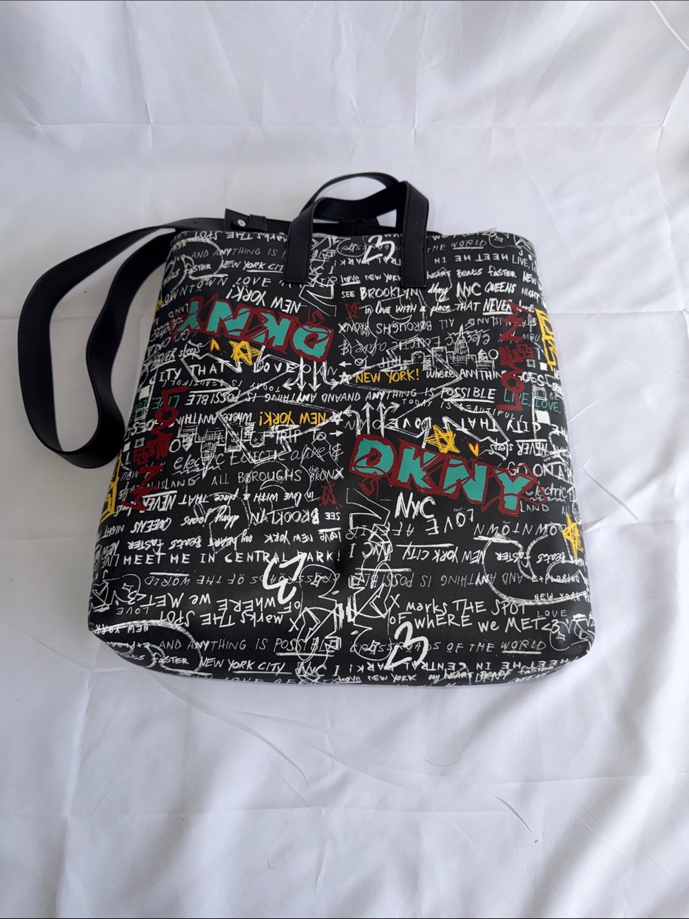 DKNY Black Graffiti Print Shoulder Tote with Red and Yellow Accents